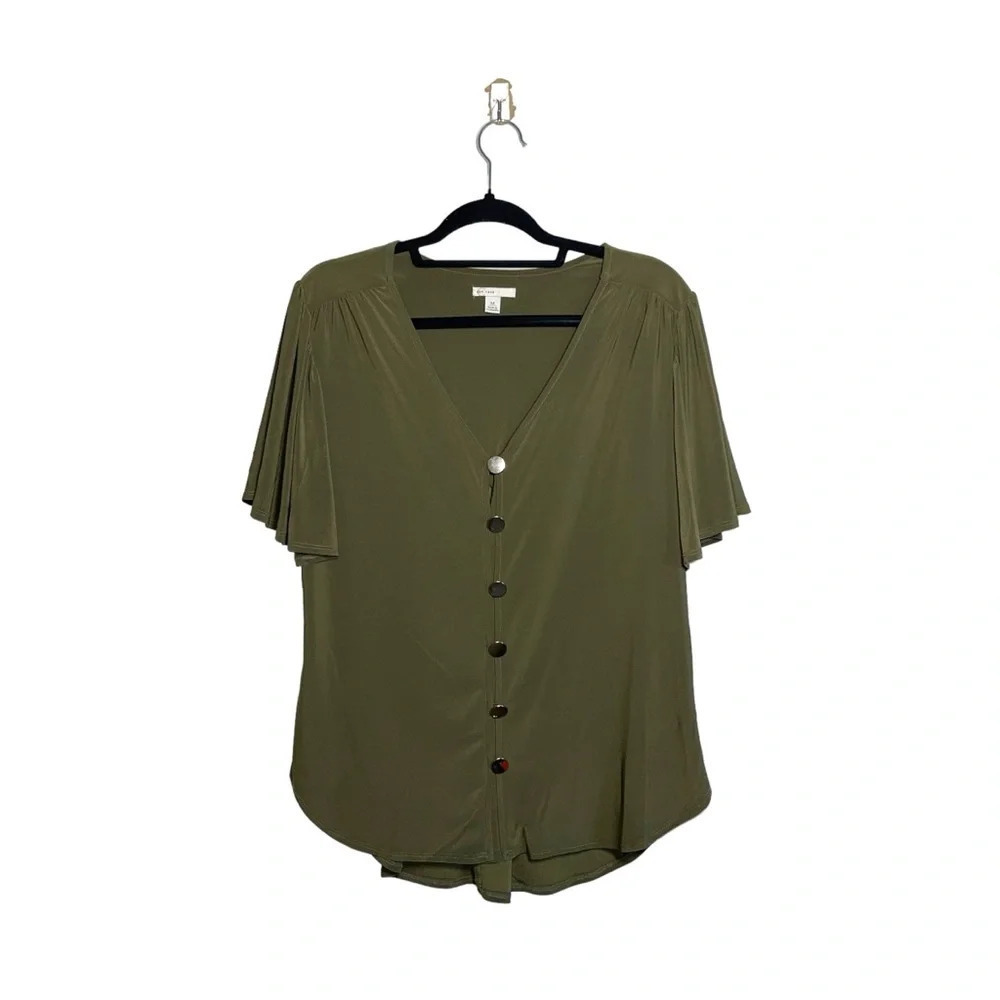 Cato Olive Green V Neck Button Front Flutter Sleeve Blouse Medium Women’s